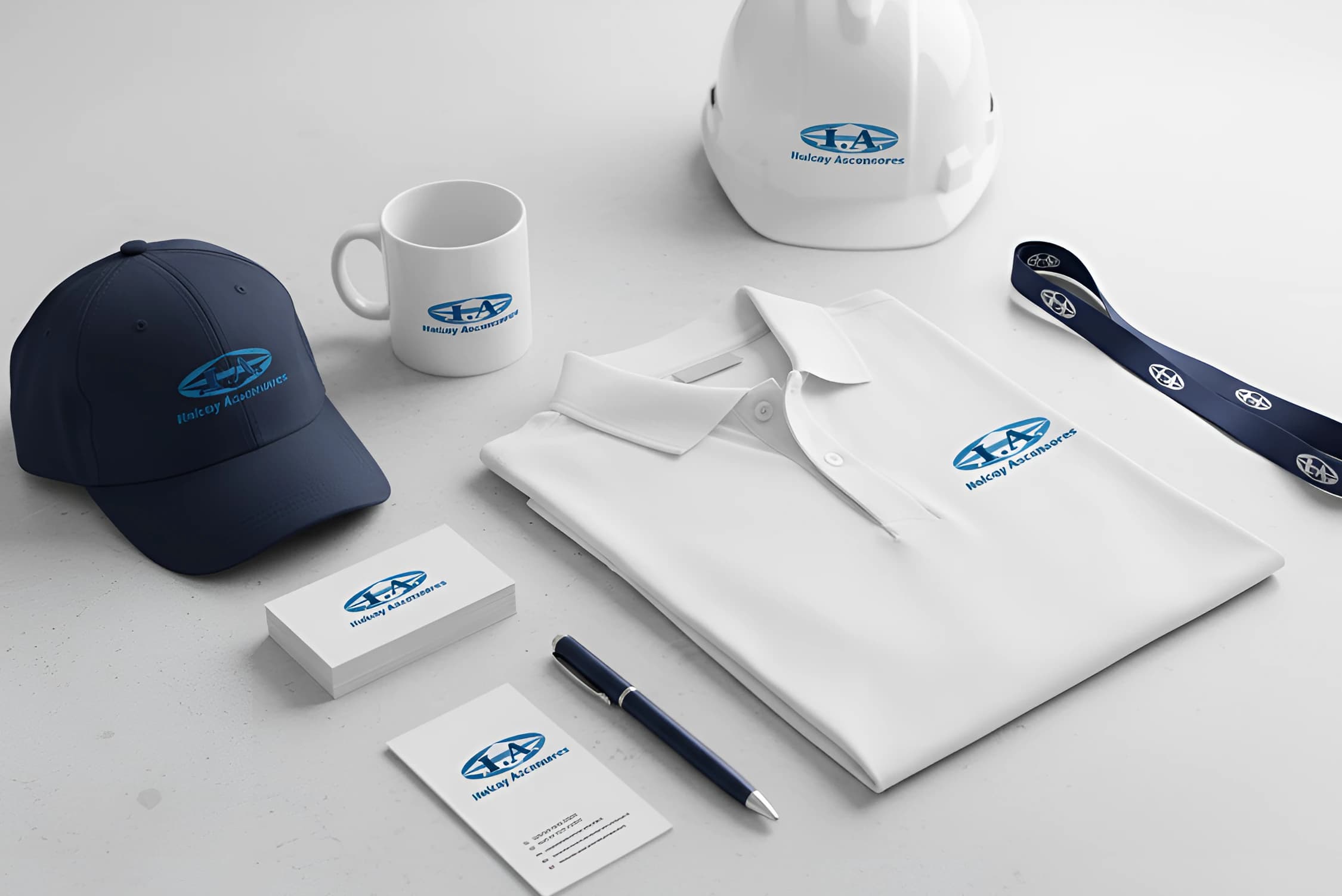 Kit de branding de Italcay Ascensores con casco, gorra, remera y papelería corporativa