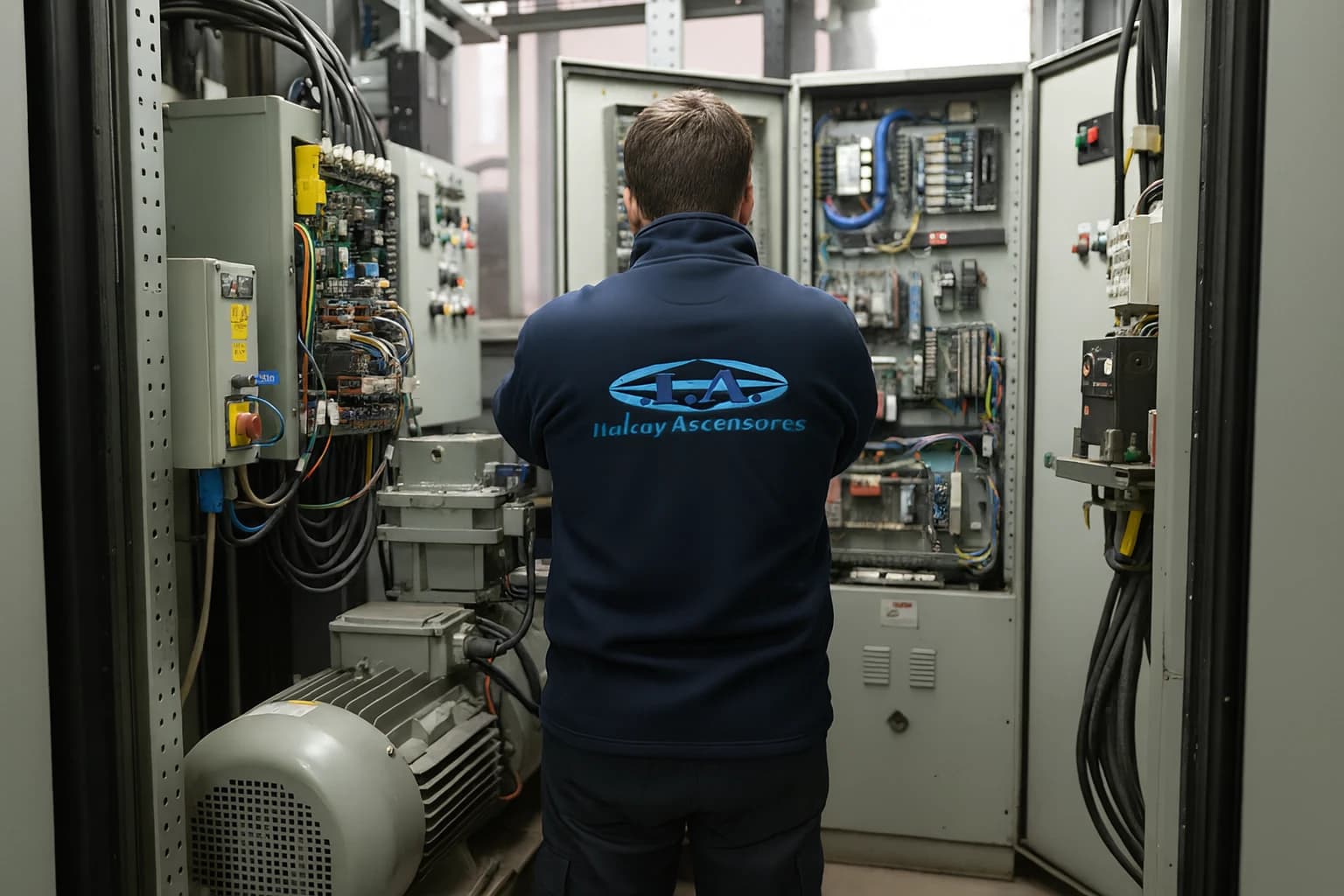 Técnico de Italcay Ascensores revisando paneles de control de un ascensor